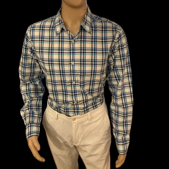 Multi Blue Plaid Shirt Banana Republic Custom 078 Camden Fit Large - Picture 2 of 5